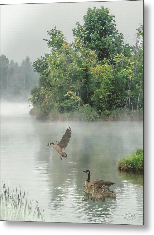 Geese Metal Print featuring the digital art Geese on Misty Lake by M Spadecaller