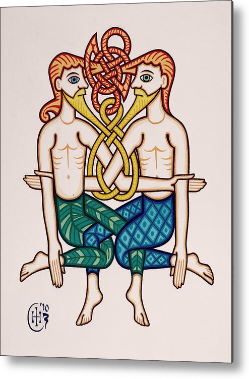 Celtic Zodiac Gemini Twins Knotwork Metal Print featuring the painting Gemini by Ian Herriott