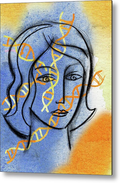  Biology Color Image Complexity Concept Curiosity Dna Double Helix Formation Gene Genes Genetic Research Genetics Head And Shoulders Identifier Identity Illustration Illustration And Painting Individuality Mid Adult One Mid Adult Woman Only One Person People Personality Science Uncertainty Vertical Woman 30's Color Colour Curious Drawing Female Genetic Head & Shoulders Interest One Person Metal Print featuring the painting Genetics by Leon Zernitsky