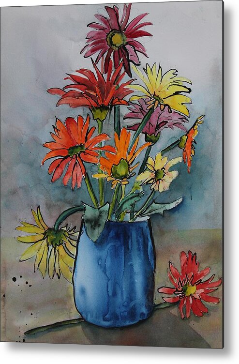Flowers Metal Print featuring the painting Gerberas in a Blue Pot by Ruth Kamenev