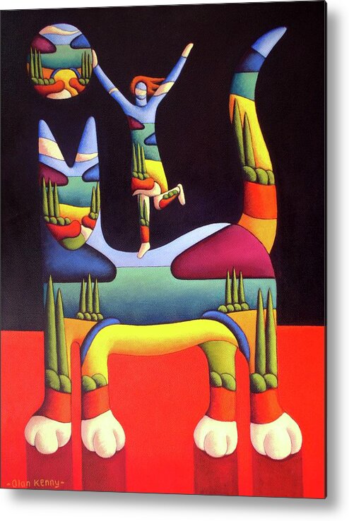 Cat Metal Print featuring the painting Girl on cat in landscape in cat by Alan Kenny