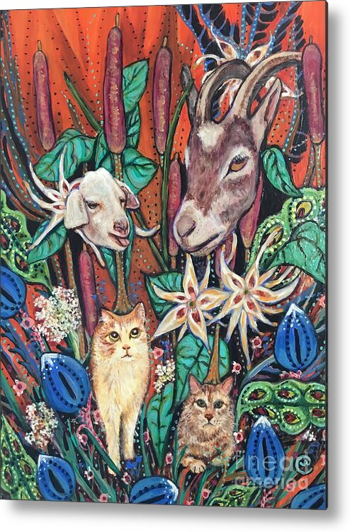 Goats Metal Print featuring the painting Goat Weed and Cat Tails by Linda Markwardt