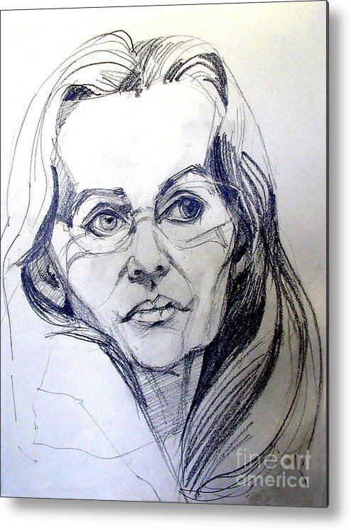  Metal Print featuring the drawing Graphite Portrait Sketch of a Woman with Glasses by Greta Corens