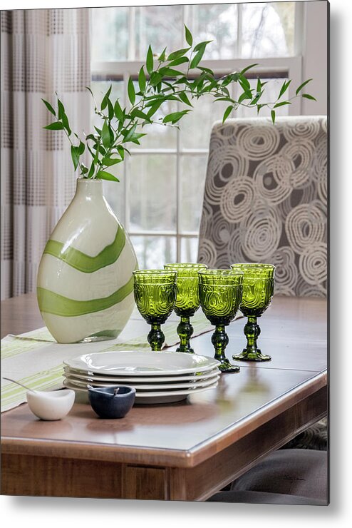 Glasses Metal Print featuring the photograph Green Decor Dinning Table Place Settings by Betty Denise