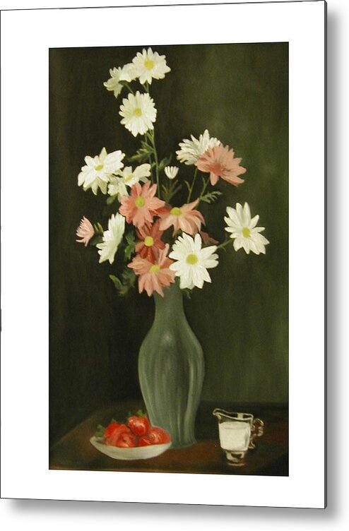 Still Life Metal Print featuring the painting Green Vase with Flowers by Angelo Thomas