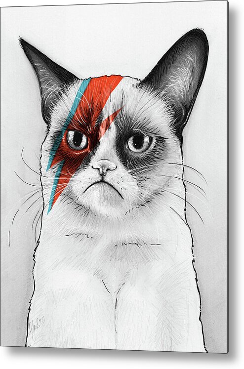 Grumpy Cat Metal Print featuring the drawing Grumpy Cat as David Bowie by Olga Shvartsur
