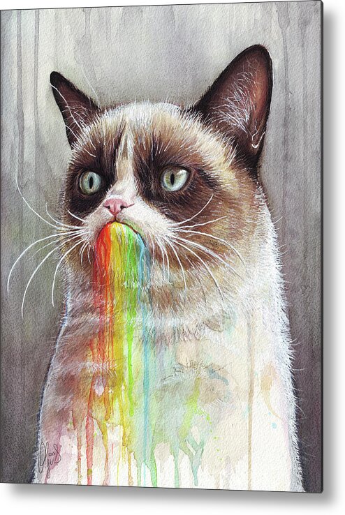 Grumpy Cat Metal Print featuring the painting Grumpy Cat Tastes the Rainbow by Olga Shvartsur