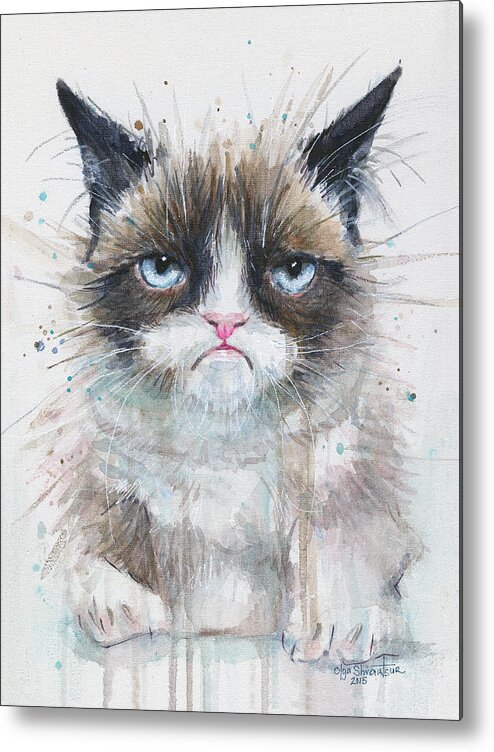 Watercolor Metal Print featuring the painting Grumpy Cat Watercolor Painting by Olga Shvartsur