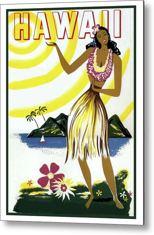 Hawaii Metal Print featuring the painting Hawaii, Hula girl, tropic beach, travel poster by Long Shot