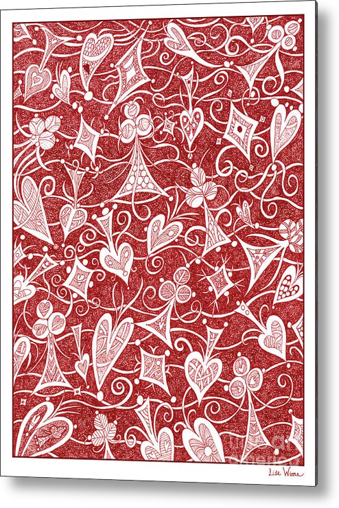 Lise Winne Metal Print featuring the drawing Hearts, Spades, Diamonds And Clubs In Red by Lise Winne