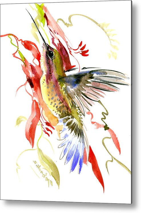 Hummingbird Metal Print featuring the painting Hummingbird and Tropical Plants by Suren Nersisyan