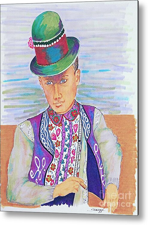 Hungarian Metal Print featuring the drawing Hungarian Dandy with Cigar, 1930 -- Retro Colorful Portrait of Ethnic Man with Cigar by Jayne Somogy