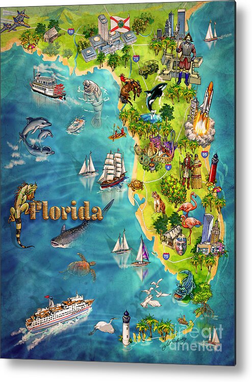 Castillo De San Marcos National Monument Metal Print featuring the painting Illustrated Map of Florida by Maria Rabinky