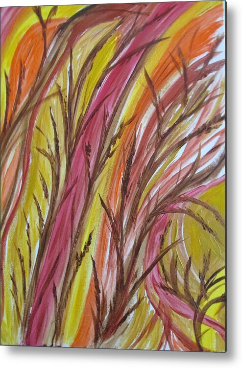 Abstract Fall Autumn Season Wind Magenta Gold Yellow Orange Burnt Umber Brown Metal Print featuring the painting In Rushes Fall by Sharyn Winters