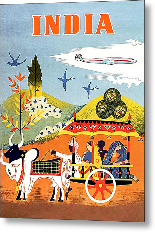 India Metal Print featuring the painting India, folk art, airline poster by Long Shot
