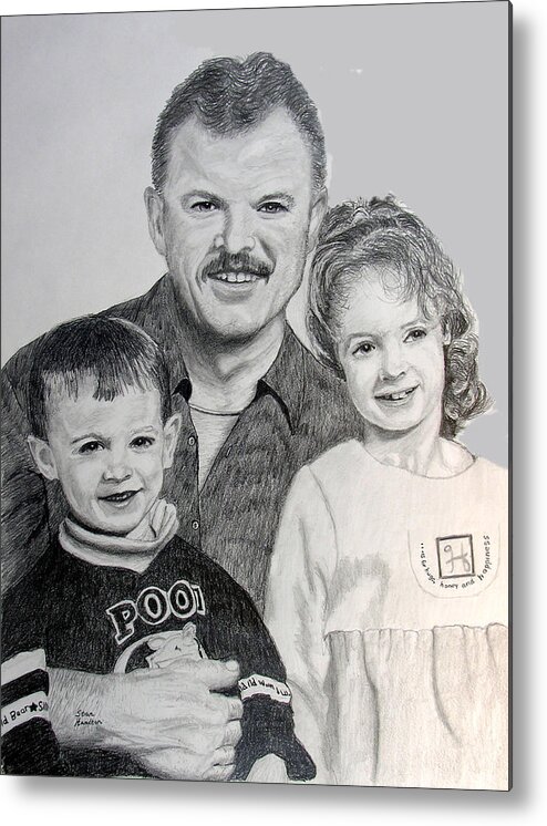 Pencil Portriat Metal Print featuring the drawing John and Megan and Joey by Stan Hamilton