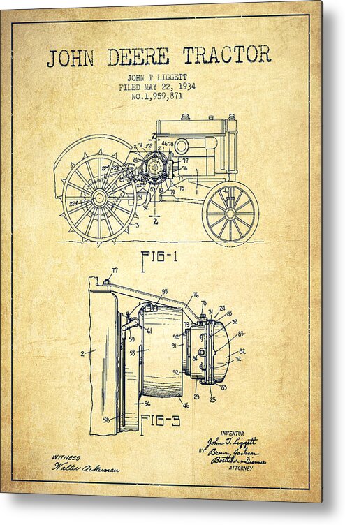 Tractor Metal Print featuring the digital art John Deere Tractor Patent drawing from 1934 - Vintage by Aged Pixel