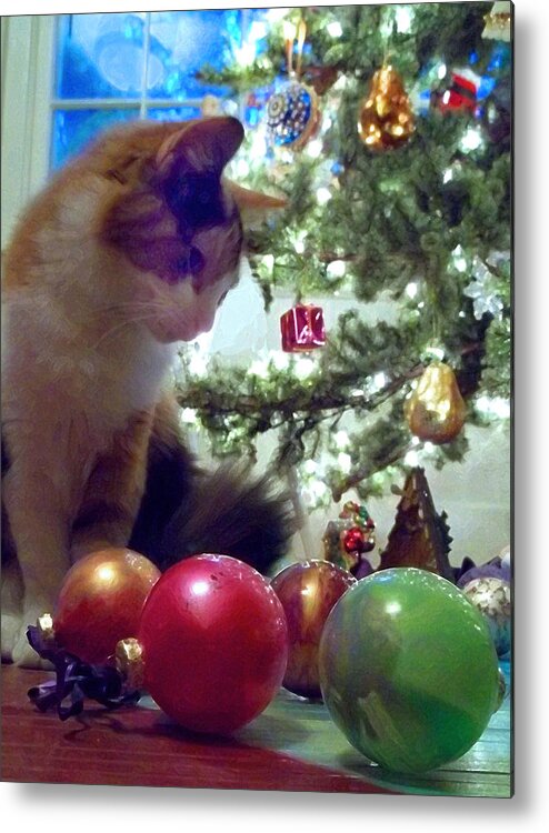 Chirstmas Metal Print featuring the painting Kitty helps Decorate the Tree Christmas Card by Anne Cameron Cutri