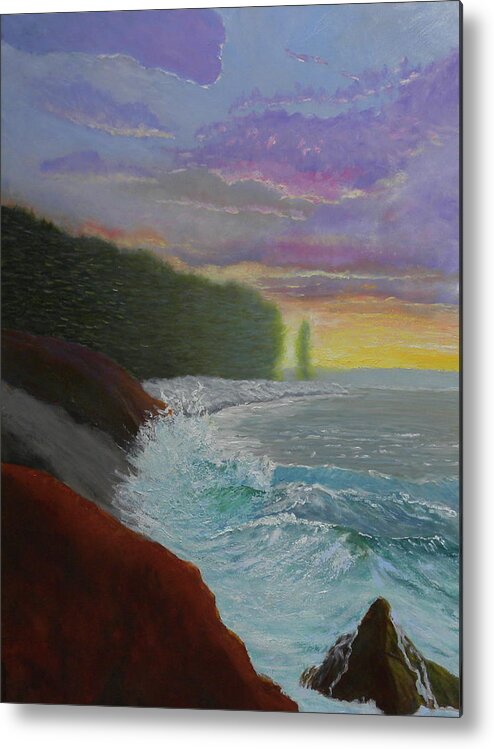 La Verna Muscongus Bay Sunrise Seascape Waves Rocks Forrest Clouds Ocean Maine Metal Print featuring the painting La Verna Sunrise by Scott W White
