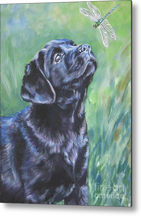 Dog Metal Print featuring the painting Labrador Retriever pup and dragonfly by Lee Ann Shepard