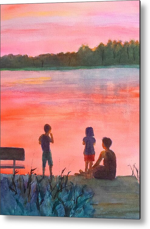 Sunset Metal Print featuring the painting Lake Sunset with Family by Carlin Blahnik CarlinArtWatercolor