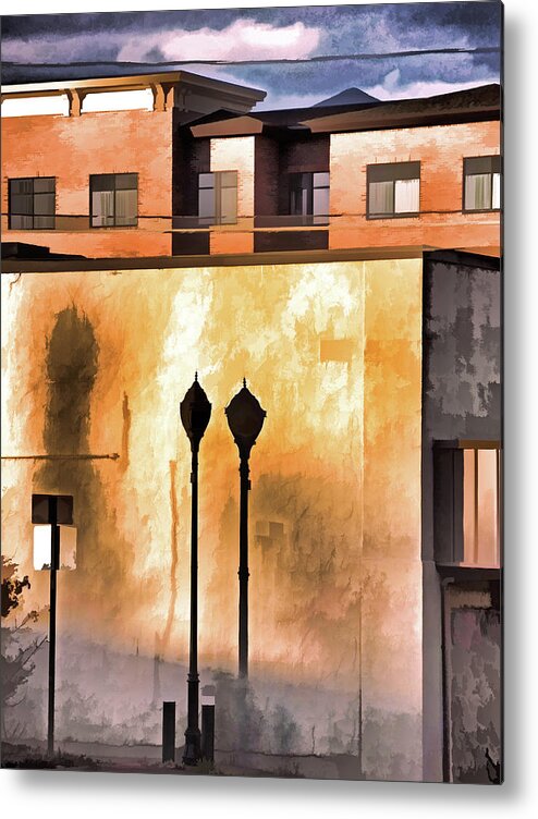 Vintage Metal Print featuring the mixed media Lamp Post Shadow and Bent Sign by Lynda Lehmann