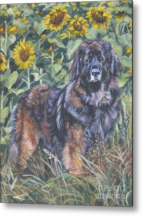 Leonberger Metal Print featuring the painting Leonberger in sunflowers by Lee Ann Shepard