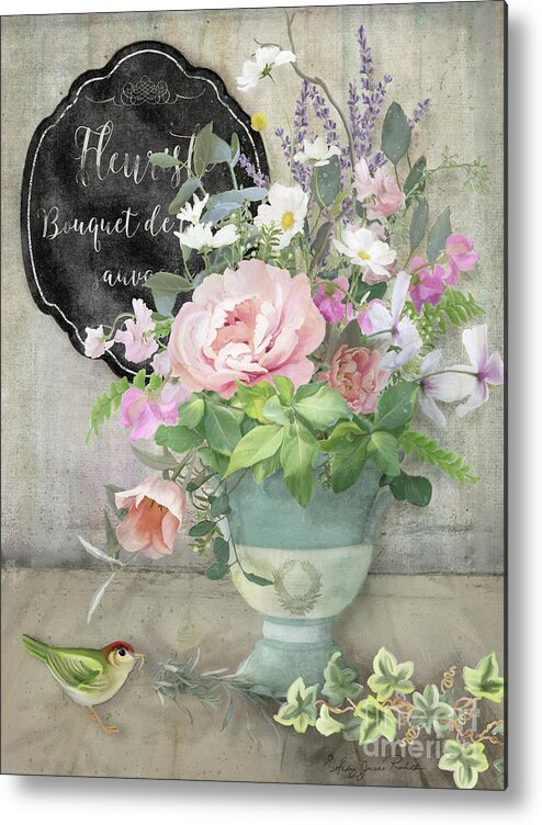 Marche Aux Fleurs Metal Print featuring the painting Marche aux Fleurs 3 Peony Tulips Sweet Peas Lavender and Bird by Audrey Jeanne Roberts