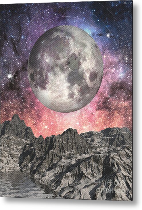 Moon Metal Print featuring the digital art Moon Over Mountain Lake by Phil Perkins