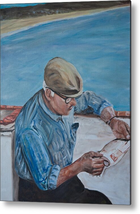  Male Portrait Metal Print featuring the painting Morning Paper in Portugal by Chuck Gebhardt