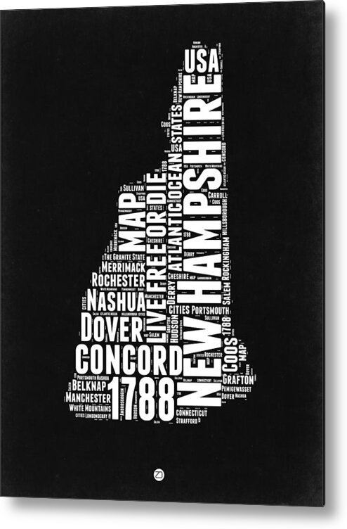 New Hampshire Metal Print featuring the digital art New Hampshire Word Cloud Black and white Map by Naxart Studio