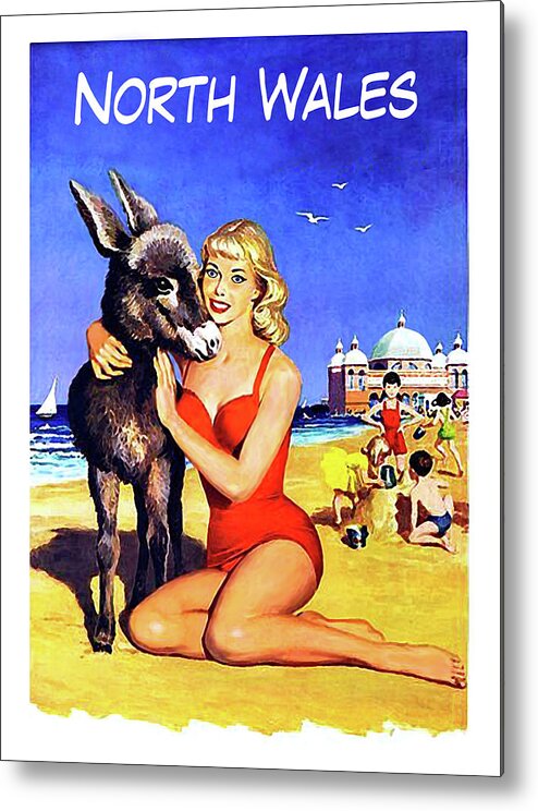 North Wales Metal Print featuring the painting North Wales beach, blond girl hugging a donkey by Long Shot