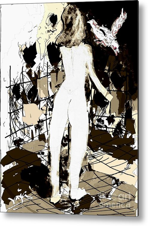 Smartphone Drawing Metal Print featuring the digital art Nude girl and the bird by Subrata Bose