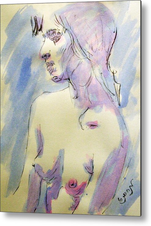 Woman Metal Print featuring the painting Nude Portrait Drawing Sketch of Young Nude Woman Feeling Sensual Sexy and Lonely Watercolor Acrylic by M Zimmerman