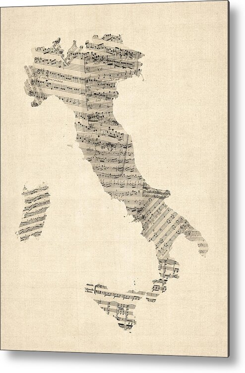 Italy Map Metal Print featuring the digital art Old Sheet Music Map of Italy Map by Michael Tompsett