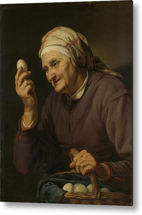 Old Woman Selling Eggs Metal Print featuring the painting Old Woman Selling Eggs by Vintage Collectables
