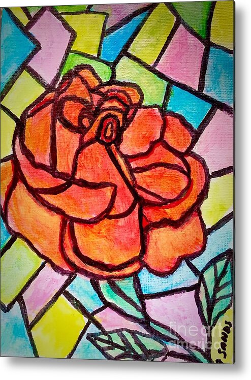 Orange Rose Stained Glass Floral Flow Creative Metal Print featuring the painting Orange Rose stained Glass Effect by Anne Sands