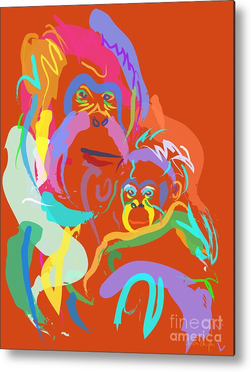 Orangutan Art Metal Print featuring the painting Orangutan mom and baby by Go Van Kampen