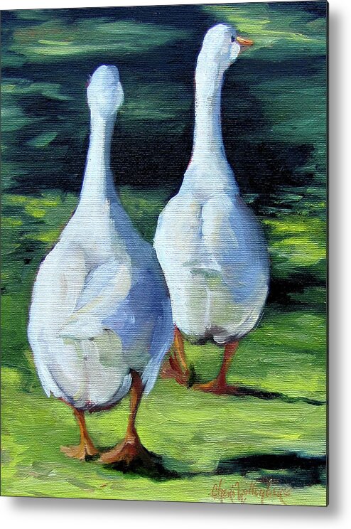 Walking Ducks Metal Print featuring the painting Painting of Ducks Waddling Home by Cheri Wollenberg