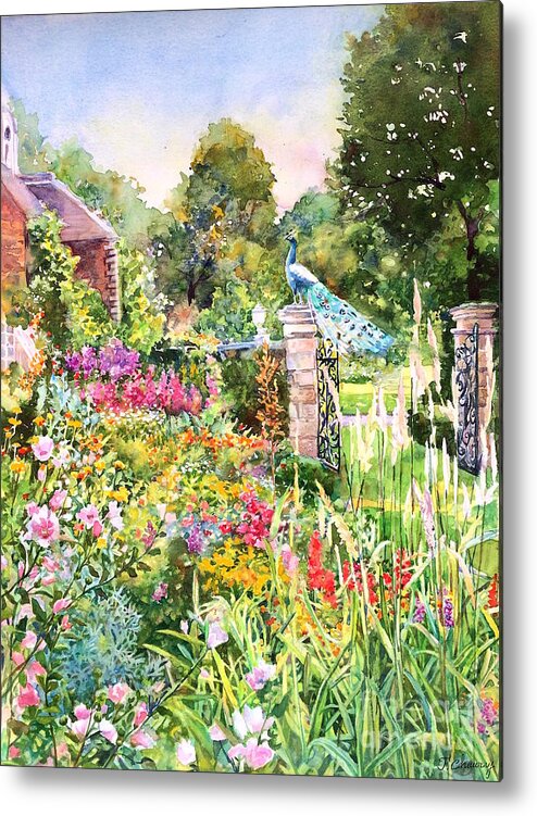 Painting Metal Print featuring the painting Peacock in The Garden by Francoise Chauray