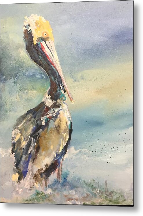 Pelican Metal Print featuring the painting Pelican Perch by Karen Ahuja