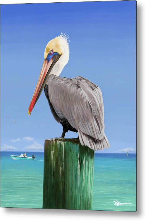 Pelican Metal Print featuring the digital art Pelicans Post by Kevin Putman
