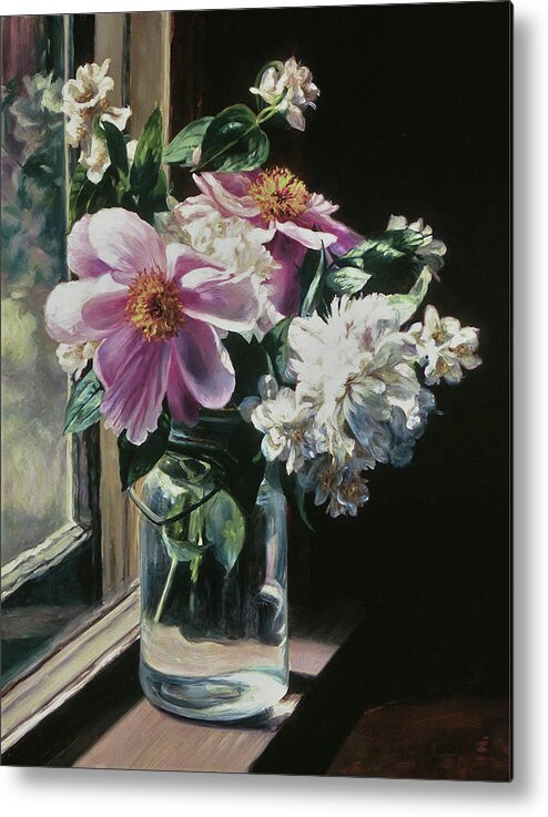 Peonies Metal Print featuring the painting Peonies in Ball Jar by Marie Witte