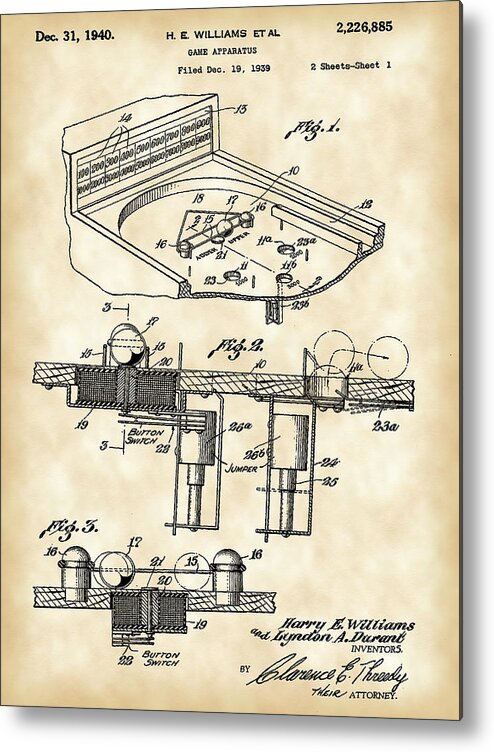 Pinball Metal Print featuring the digital art Pinball Machine Patent 1939 - Vintage by Stephen Younts