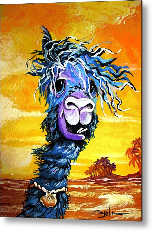 Alpaca Metal Print featuring the painting Pisco the surfing Alpaca by Patty Sjolin