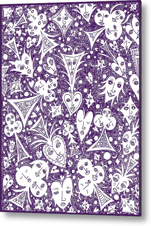 Lise Winne Metal Print featuring the drawing Playing Card Symbols with Faces in Purple by Lise Winne
