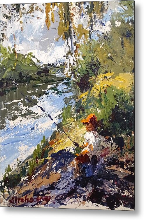 Florida Metal Print featuring the painting Porter Fishing Under the Cypress Trees by Sandra Strohschein