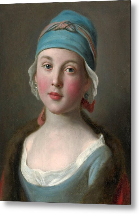 Portrait Of A Russian Girl In A Blue Dress And Headdress Metal Print featuring the painting Portrait of a Russian Girl in a Blue Dress and Headdress by Pietro Rotari