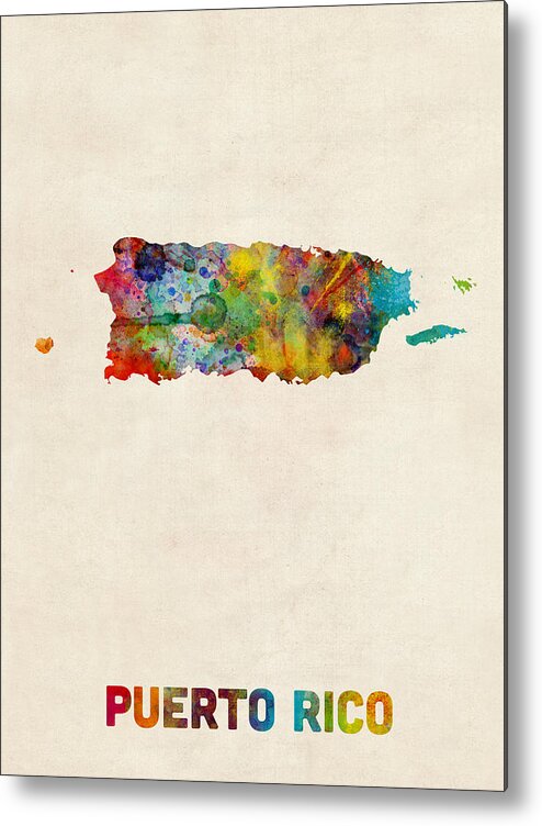 United States Map Metal Print featuring the digital art Puerto Rico Watercolor Map by Michael Tompsett