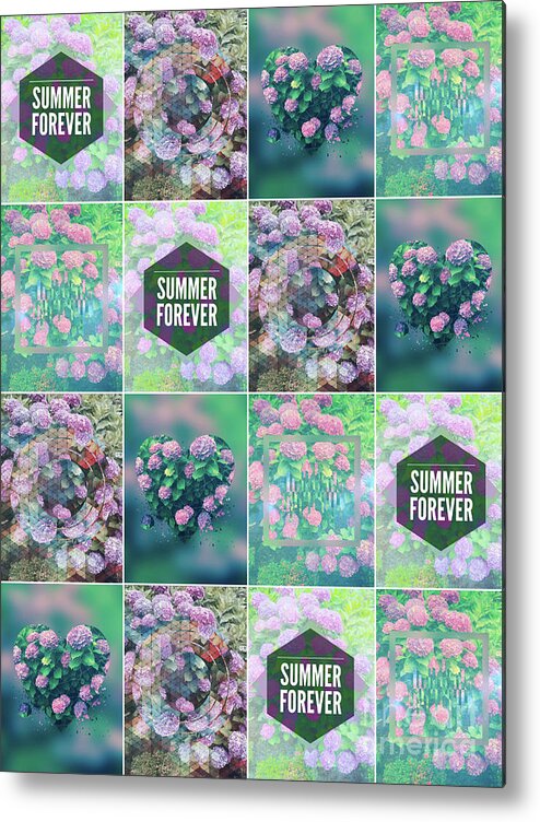 Patchwork Metal Print featuring the photograph Purple Pink Hydrangea Geometric Patchwork Quilt by Beverly Claire Kaiya